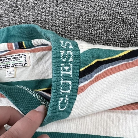 Vintage Guess Originals Shirt Mens Large Green Striped Logo Crewneck Tee 90s - Picture 3 of 14